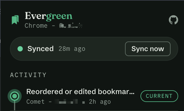 Evergreen browser extension showing a successful bookmark sync and recent activity